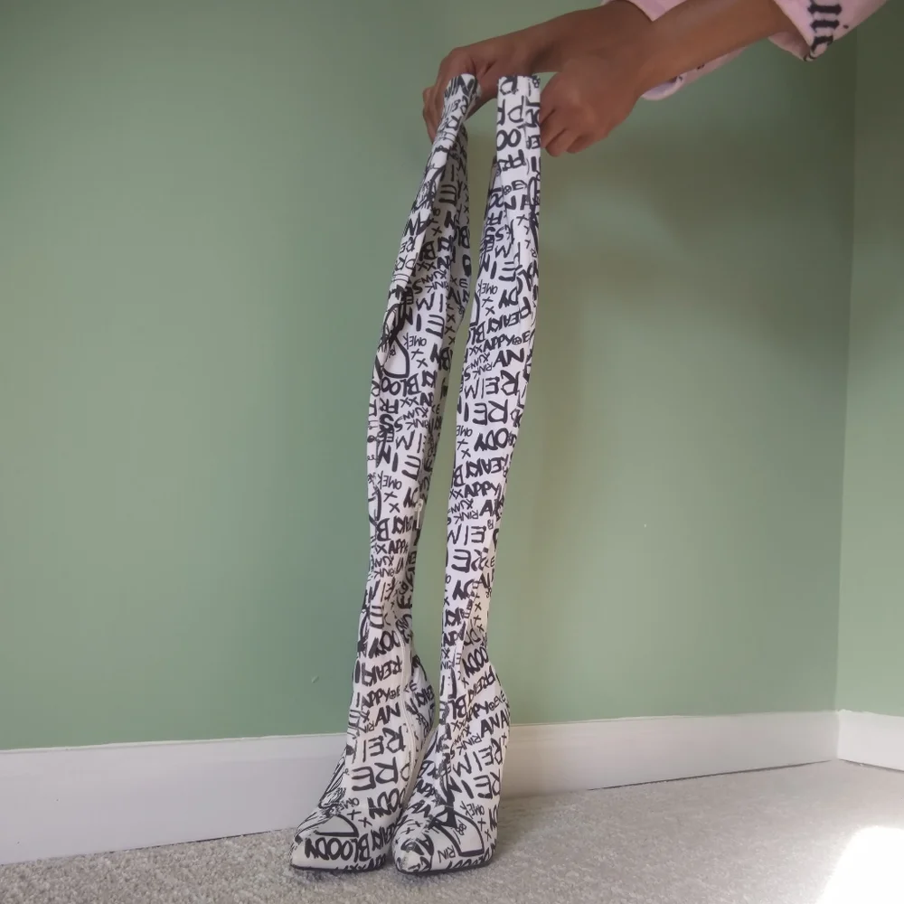 Women's Gisele white graffiti Liliana knee boots
